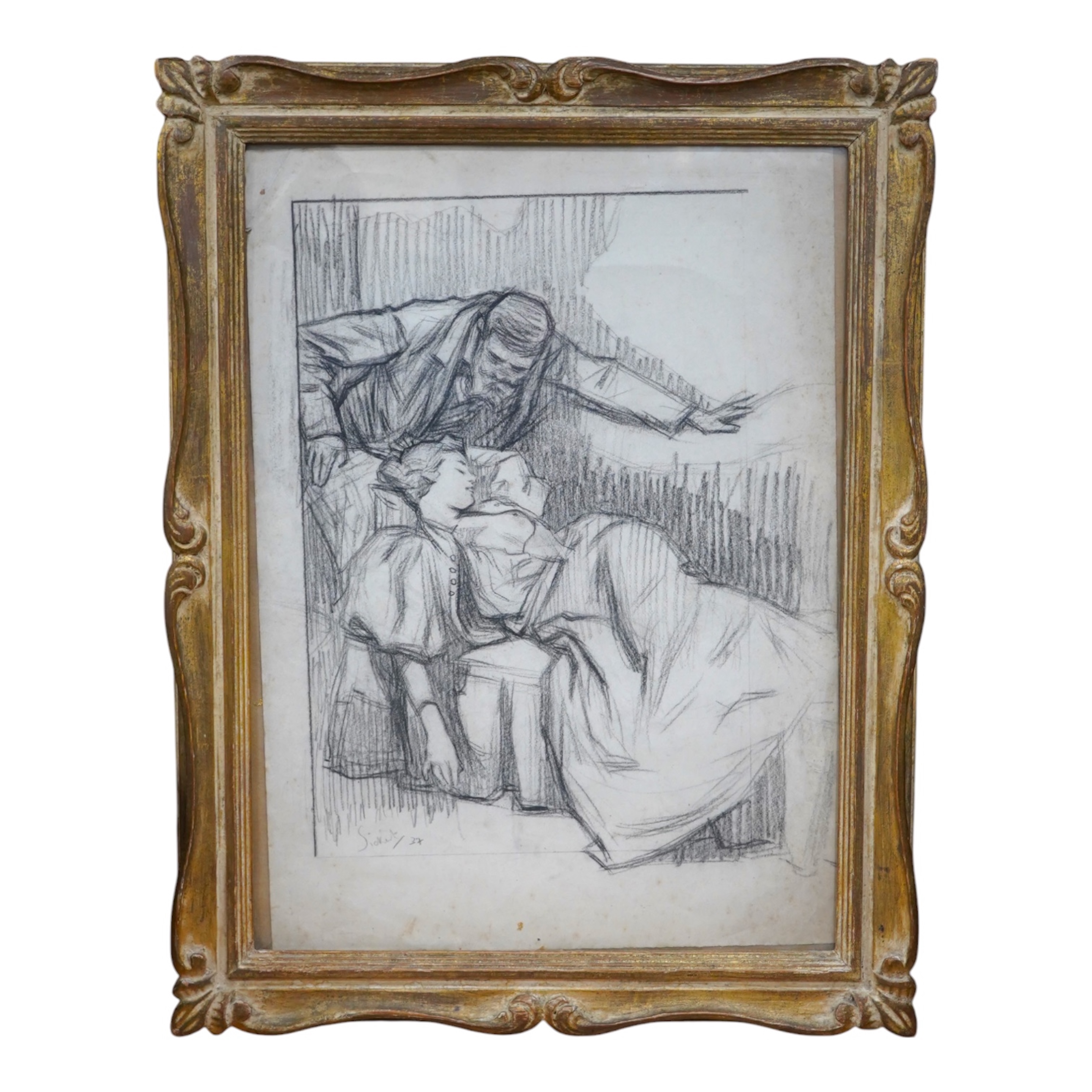 Circle of Walter Sickert RA, RBA (1860-1942), charcoal, study of a reclining woman and gentleman in an interior, bears signature and date '37, 41 x 30cm, ornately framed. Condition - fair